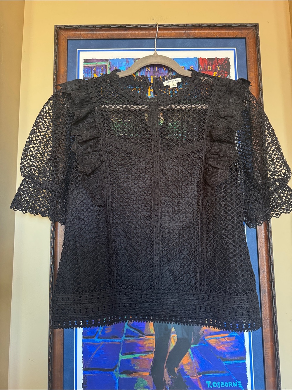 Ultra Pink Black Crochet Ruffle Sleeve Blouse